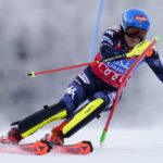 
              United States' Mikaela Shiffrin speeds down the course during an alpine ski, women's World Cup slalom, in Spindleruv Mlyn, Czech Republic, Sunday, Jan. 29, 2023. (AP Photo/Piermarco Tacca)
            
