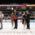 
              Caroline Green, Michael Parsons, Madison Chock, Evan Bates, Christina Carreira, Anthony Ponomarenko, Emilea Zingas and Vadym Kolesnik, from left, hold up their medals after the free dance at the U.S. figure skating championships in San Jose, Calif., Saturday, Jan. 28, 2023. Chock and Bates finished first, Green and Parsons finished second, Carreira and Ponomarenko finished third, and Zingas and Kolesnik finished fourth in the event. (AP Photo/Tony Avelar)
            