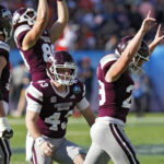 
              Mississippi State place kicker Massimo Biscardi (29) celebrates after kicking a field goal against Illinois during the second half of the ReliaQuest Bowl NCAA college football game Monday, Jan. 2, 2023, in Tampa, Fla. (AP Photo/Chris O'Meara)
            