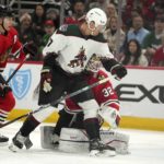 
              Arizona Coyotes center Nick Bjugstad (17) has his shot go wide during the first period of an NHL hockey game against the Chicago Blackhawks, Friday, Jan. 6, 2023, in Chicago. (AP Photo/Erin Hooley)
            