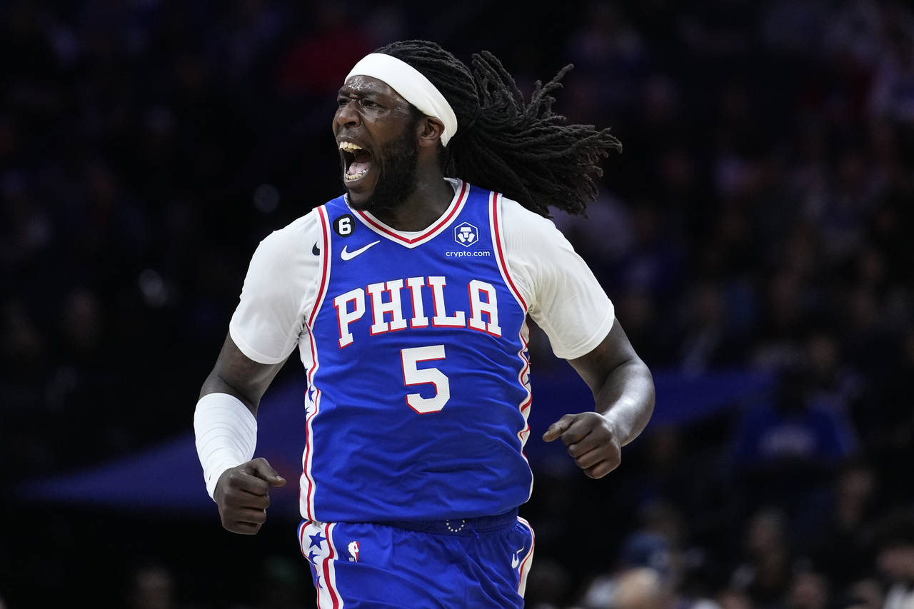 Philadelphia 76ers' Montrezl Harrell reacts after a basket during the first half of an NBA basketba...