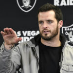 
              Las Vegas Raiders quarterback Derek Carr meets with reporters after an NFL football game against the Pittsburgh Steelers in Pittsburgh, Saturday, Dec. 24, 2022. The Steelers won 13-10. (AP Photo/Don Wright)
            
