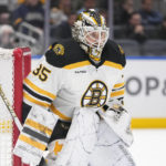 
              Boston Bruins goaltender Linus Ullmark (35) protects his net during the second period of an NHL hockey game against the New York Islanders Wednesday, Jan. 18, 2023, in Elmont, N.Y. (AP Photo/Frank Franklin II)
            