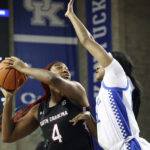 
              South Carolina's Riley Donahue (4) is pressured by Kentucky's Nyah Leveretter, right, during the first half of an NCAA college basketball game in Lexington, Ky., Thursday, Jan. 12, 2023. (AP Photo/James Crisp)
            