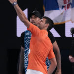 
              Australia's Nick Kyrgios and Serbia's Novak Djokovic take na selfie following their exhibition match on Rod Laver Arena ahead of the Australian Open tennis championship in Melbourne, Australia, Friday, Jan. 13, 2023. (AP Photo/Mark Baker)
            