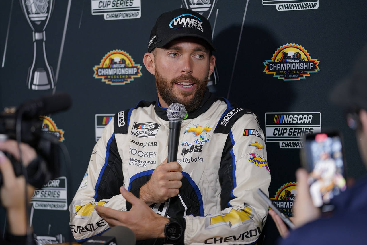 FILE - NASCAR Cup Series driver Ross Chastain speaks during the NASCAR Championship media day, Nov....