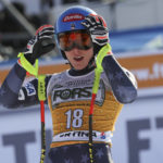 
              United States' Mikaela Shiffrin arrives at the finish area of an alpine ski, women's World Cup downhill race, in Cortina d'Ampezzo, Italy, Saturday, Jan. 21, 2023. (AP Photo/Alessandro Trovati)
            
