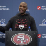 
              San Francisco 49ers defensive coordinator DeMeco Ryans speaks at a news conference before an NFL football practice in Santa Clara, Calif., Thursday, Jan. 26, 2023. The 49ers are scheduled to play the Philadelphia Eagles Sunday in the NFC championship game. (AP Photo/Jeff Chiu)
            