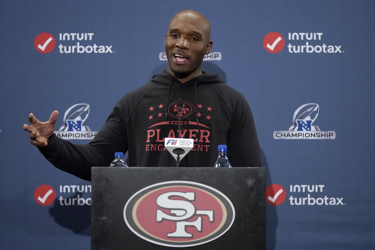 San Francisco 49ers defensive coordinator DeMeco Ryans speaks at a news conference before an NFL fo...