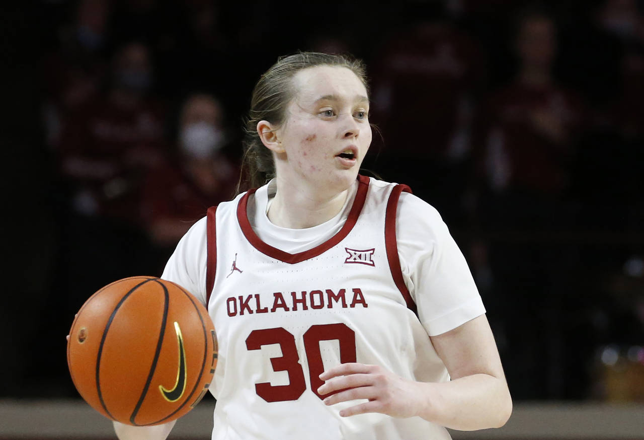 FILE -Oklahoma guard Taylor Robertson (30) moves the ball during the second half of an NCAA college...