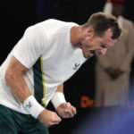 
              Andy Murray of Britain reacts after defeating Matteo Berrettini of Italy in their first round match at the Australian Open tennis championship in Melbourne, Australia, Tuesday, Jan. 17, 2023. (AP Photo/Aaron Favila)
            