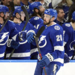 
              Tampa Bay Lightning left wing Nick Paul (20) celebrates with the bench after his goal against the Columbus Blue Jackets during the first period of an NHL hockey game Tuesday, Jan. 10, 2023, in Tampa, Fla. (AP Photo/Chris O'Meara)
            