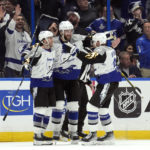 
              Tampa Bay Lightning defenseman Victor Hedman (77) celebrates his goal against the Boston Bruins with center Brayden Point (21) and center Steven Stamkos (91) during the third period of an NHL hockey game Thursday, Jan. 26, 2023, in Tampa, Fla. (AP Photo/Chris O'Meara)
            