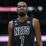 
              Brooklyn Nets' Kevin Durant reacts during the final seconds of the team's NBA basketball game against the Chicago Bulls on Wednesday, Jan. 4, 2023, in Chicago. The Bulls won 121-112. (AP Photo/Paul Beaty)
            