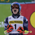 
              United States' Mikaela Shiffrin celebrates winning an alpine ski, women's World Cup giant slalom race, in Kranjska Gora, Slovenia, Sunday, Jan. 8, 2023. (AP Photo/Giovanni Auletta)
            