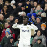 
              Leeds United's Wilfried Gnonto celebrates after scoring his side's opening goal during the English FA Cup third round soccer match between Leeds United and Cardiff City at Elland Road Stadium in Leeds, England, Wednesday, Jan. 18, 2023. (AP Photo/Jon Super)
            