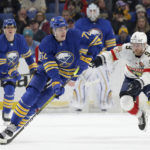 
              Buffalo Sabres center Tage Thompson skates against Florida Panthers center Sam Bennett (9) during the first period of an NHL hockey game, Monday, Jan. 16, 2023, in Buffalo, N.Y. (AP Photo/Joshua Bessex)
            