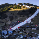 
              A aerial view of the race track before the first run of the men's giant slalom race at the Alpine Skiing FIS Ski World Cup in Adelboden, Switzerland, Saturday, Jan. 7, 2023. (Jean-Christophe Bott/Keystone via AP)
            