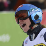 
              United States' Mikaela Shiffrin reacts after completing an alpine ski, women's World Cup giant slalom race, in Kranjska Gora, Slovenia, Saturday, Jan. 7, 2023. (AP Photo/Marco Trovati)
            