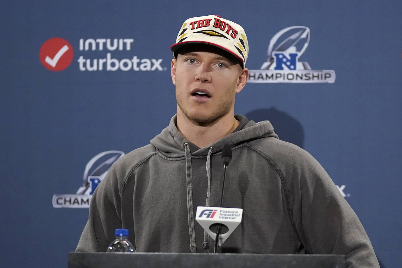 San Francisco 49ers running back Christian McCaffrey speaks at a news conference before an NFL foot...