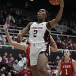 
              Stanford guard Agnes Emma-Nnopu shoots against Utah during the first half of an NCAA college basketball game in Stanford, Calif., Friday, Jan. 20, 2023. (AP Photo/Godofredo A. Vásquez)
            
