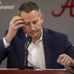 
              Alabama basketball head coach Nate Oats takes questions at his press conference, Monday, Jan. 16, 2023, in Tuscaloosa, Ala. This was Oats' first meeting with the media after the dismissal of Darius Miles from the basketball team, following Miles' arrest for capital murder Sunday. (AP Photo/Vasha Hunt)
            