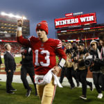 
              San Francisco 49ers quarterback Brock Purdy (13) celebrates after an NFL wild card playoff football game against the Seattle Seahawks in Santa Clara, Calif., Saturday, Jan. 14, 2023. The 49ers won 41-23. (AP Photo/Jed Jacobsohn)
            