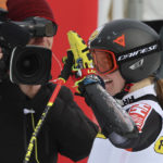 
              Canada's Valerie Grenier reacts after winning an alpine ski, women's World Cup giant slalom race, in Kranjska Gora, Slovenia, Saturday, Jan. 7, 2023. (AP Photo/Marco Trovati)
            