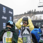 
              From left to right, snowboarders Kokomo Murase, Zoi Sadowski-Synnot and Tess Coady wait for the results after the women's snowboard Slopestyle finals at X Games Aspen in Aspen, Colo., Friday, Jan. 27, 2023. Sadowski-Synnot overtook Coady for first place with her final run of the event, leaving Murase in third. (AP Photo/Kelsey Brunner)
            