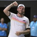 
              Tommy Paul of the U.S. celebrates after defeating compatriot Ben Shelton in their quarterfinal match at the Australian Open tennis championship in Melbourne, Australia, Wednesday, Jan. 25, 2023. (AP Photo/Aaron Favila)
            