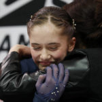 
              Isabeau Levito celebrates after learning her score during the women's free skate at the U.S. figure skating championships in San Jose, Calif., Friday, Jan. 27, 2023. Levito finished first in the event. (AP Photo/Josie Lepe)
            