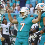 
              Miami Dolphins place kicker Jason Sanders (7) celebrates after kicking the go-ahead kick during the second half of an NFL football game against the New York Jets, Sunday, Jan. 8, 2023, in Miami Gardens, Fla. (Miami Herald, Al Diaz via AP)
            