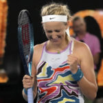 
              Victoria Azarenka of Belarus reacts after defeating Jessica Pegula of the U.S. in their quarterfinal match at the Australian Open tennis championship in Melbourne, Australia, Tuesday, Jan. 24, 2023. (AP Photo/Aaron Favila)
            