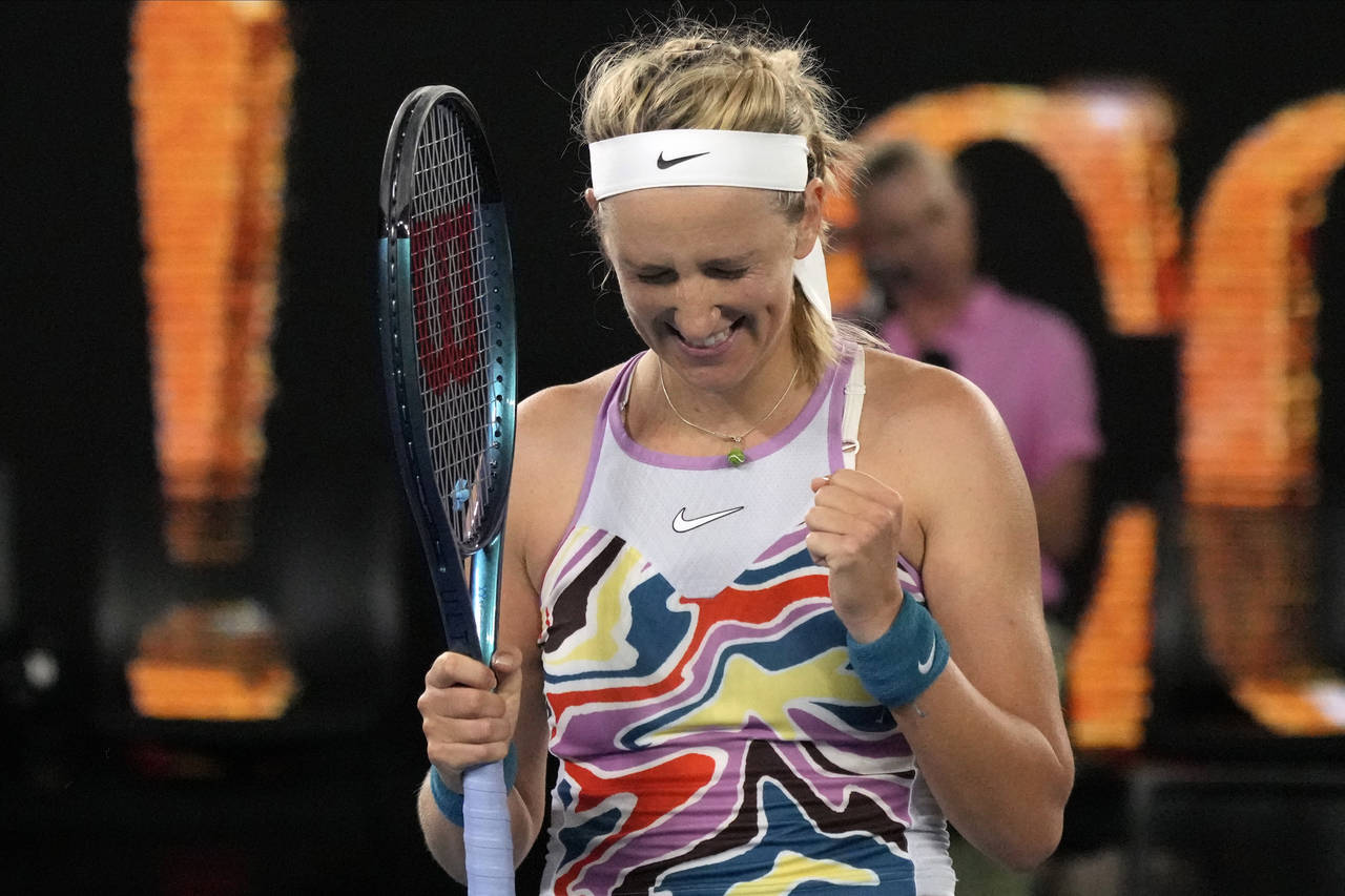 Victoria Azarenka of Belarus reacts after defeating Jessica Pegula of the U.S. in their quarterfina...