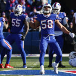 
              Buffalo Bills linebacker Matt Milano (58) celebrates during the first half of an NFL wild-card playoff football game against the Miami Dolphins, Sunday, Jan. 15, 2023, in Orchard Park, N.Y. (AP Photo/Jeffrey T. Barnes)
            