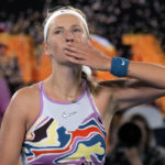 
              Victoria Azarenka of Belarus reacts after defeating Jessica Pegula of the U.S. in their quarterfinal match at the Australian Open tennis championship in Melbourne, Australia, Tuesday, Jan. 24, 2023. (AP Photo/Aaron Favila)
            