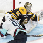 
              Seattle Kraken right wing Daniel Sprong (91) is unable to get the puck past Boston Bruins goaltender Linus Ullmark (35) in the third period of an NHL hockey game, Thursday, Jan. 12, 2023, in Boston. (AP Photo/Steven Senne)
            
