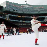 
              Boston Bruins' David Pastrnak, right, and Nick Foligno, left, play catch in vintage Boston Red Sox uniforms before the NHL Winter Classic hockey game against the Pittsburgh Penguins, Monday, Jan. 2, 2023, at Fenway Park in Boston. (AP Photo/Michael Dwyer)
            
