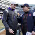 
              Minnesota Vikings head coach Kevin O'Connell talks with Chicago Bears head coach Matt Eberflus, right, after an NFL football game, Sunday, Jan. 8, 2023, in Chicago. The Vikings won 29-13. (AP Photo/Nam Y. Huh)
            