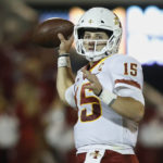 
              FILE - Iowa State quarterback Brock Purdy (15) during an NCAA college football game between Iowa State and Oklahoma in Norman, Okla., Saturday, Nov. 9, 2019.  Purdy and Jalen Hurts could be primed for a shootout in the NFC championship game. . Hurts and No. 9 Oklahoma held off Purdy and Iowa State 42-41 on Nov. 9, 2019 in Norman, Oklahoma in their last meeting in college. By Dan Gelston.(AP Photo/Sue Ogrocki, File)
            