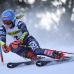 
              United States' Mikaela Shiffrin speeds down the course during an alpine ski, women's World Cup giant slalom race, in Kranjska Gora, Slovenia, Saturday, Jan. 7, 2023. (AP Photo/Marco Trovati)
            