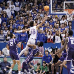 
              Kansas forward Jalen Wilson (10) gets inside for a bucket against TCU during the second half of an NCAA college basketball game on Saturday, Jan. 21, 2023, at Allen Fieldhouse in Lawrence, Kan. TCU defeated Kansas, 83-60. (AP Photo/Nick Krug)
            