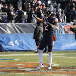 
              Chicago Bears wide receiver Velus Jones Jr. (12) celebrates after scoring on a 42-yard touchdown run in the first half of an NFL football game against the Minnesota Vikings, Sunday, Jan. 8, 2023, in Chicago. (AP Photo/Nam Y. Huh)
            