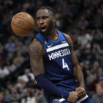 
              Minnesota Timberwolves guard Jaylen Nowell (4) celebrates after a dunk during the first half of an NBA basketball game against the Sacramento Kings, Monday, Jan. 30, 2023, in Minneapolis. (AP Photo/Abbie Parr)
            