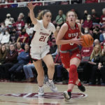 
              Utah guard Gianna Kneepkens, right, drives to the basket while defended by Stanford guard Brooke Demetre during the first half of an NCAA college basketball game in Stanford, Calif., Friday, Jan. 20, 2023. (AP Photo/Godofredo A. Vásquez)
            