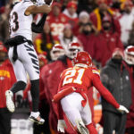 
              Cincinnati Bengals wide receiver Tyler Boyd (83) makes the catch ahead of Kansas City Chiefs cornerback Trent McDuffie (21) during the first half of the NFL AFC Championship playoff football game, Sunday, Jan. 29, 2023, in Kansas City, Mo. (AP Photo/Charlie Riedel)
            