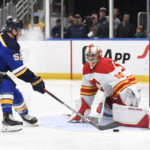 
              Calgary Flames goaltender Dan Vladar (80) defends the net from St. Louis Blues' Noel Acciari (52) during the second period of an NHL hockey game Thursday, Jan. 12, 2023, in St. Louis. (AP Photo/Jeff Le)
            