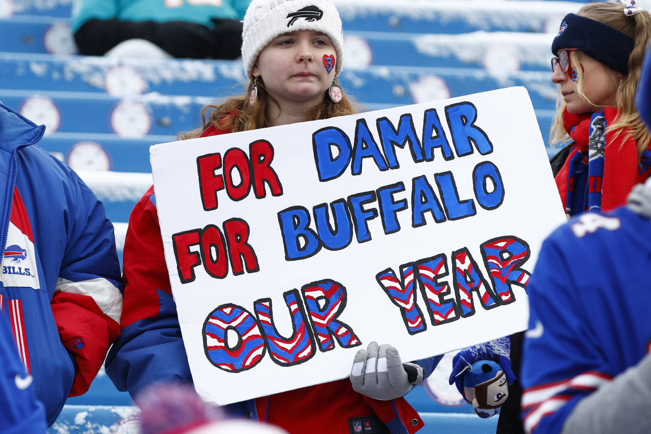 Fan shows support for Buffalo Bills safety Damar Hamlin prior to an NFL wild-card playoff football ...