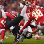 
              Jacksonville Jaguars running back JaMycal Hasty (22) is hit by Kansas City Chiefs cornerback L'Jarius Sneed (38) during the first half of an NFL divisional round playoff football game, Saturday, Jan. 21, 2023, in Kansas City, Mo. (AP Photo/Jeff Roberson)
            
