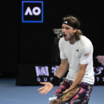 
              Stefanos Tsitsipas of Greece reacts after losing a point to Novak Djokovic of Serbia during the men's singles final at the Australian Open tennis championship in Melbourne, Australia, Sunday, Jan. 29, 2023. (AP Photo/Aaron Favila)
            